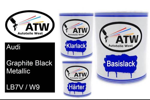 Audi, Graphite Black Metallic, LB7V / W9: 1L Lackdose + 1L Klarlack + 500ml Härter - Set, von ATW Autoteile West.